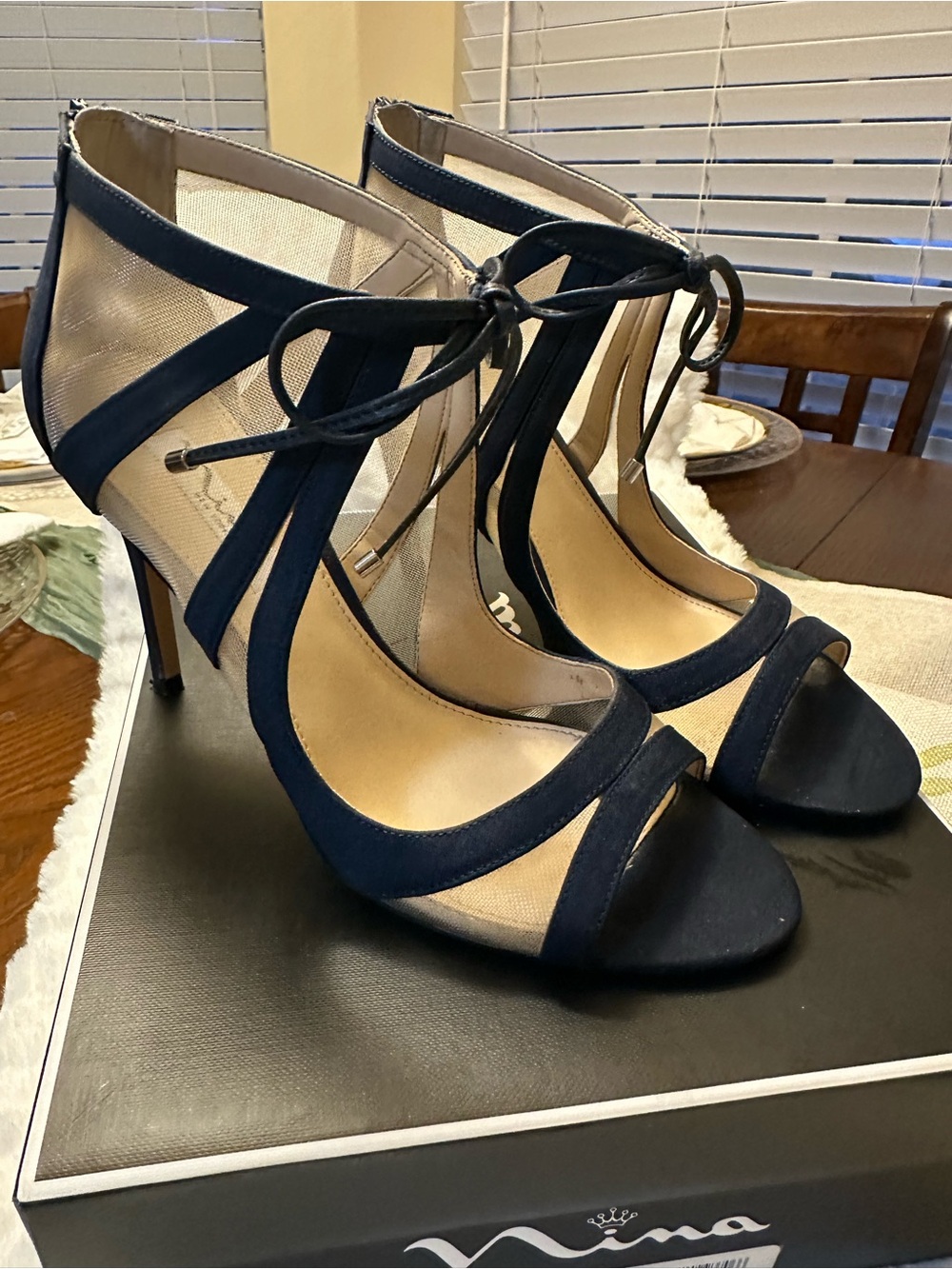 Nina Navy Suede Strappy High Heel Sandals with Ankle Tie